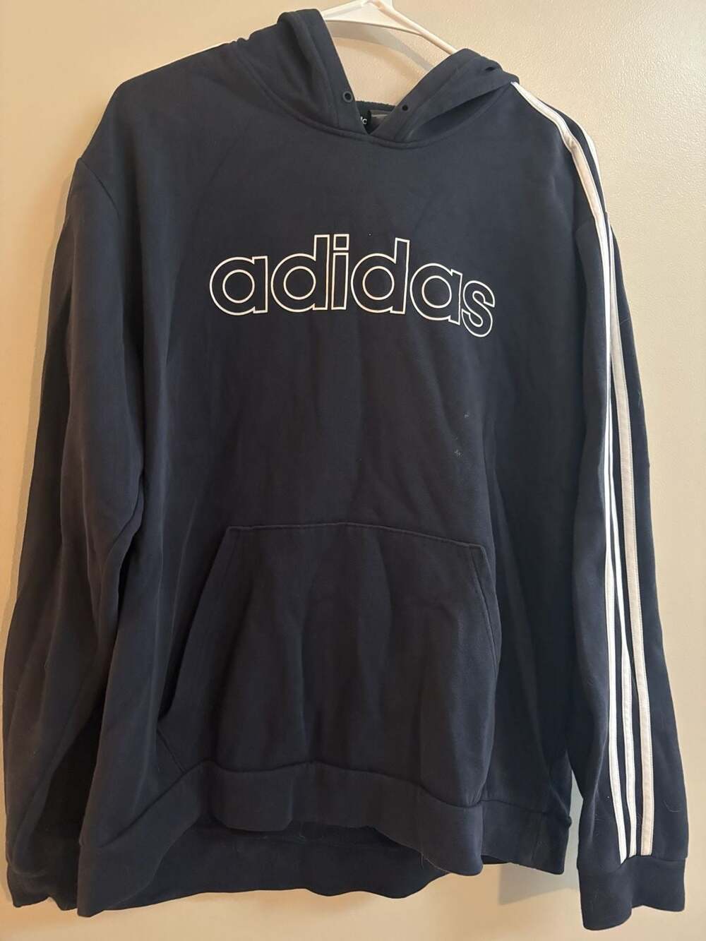 Adidas Navy Blue Pullover Hoodie with White Logo and Stripes